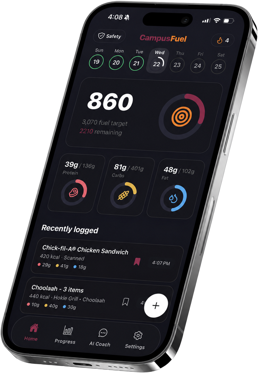 CampusFuel showing a day of logged meals with calorie and macro totals
