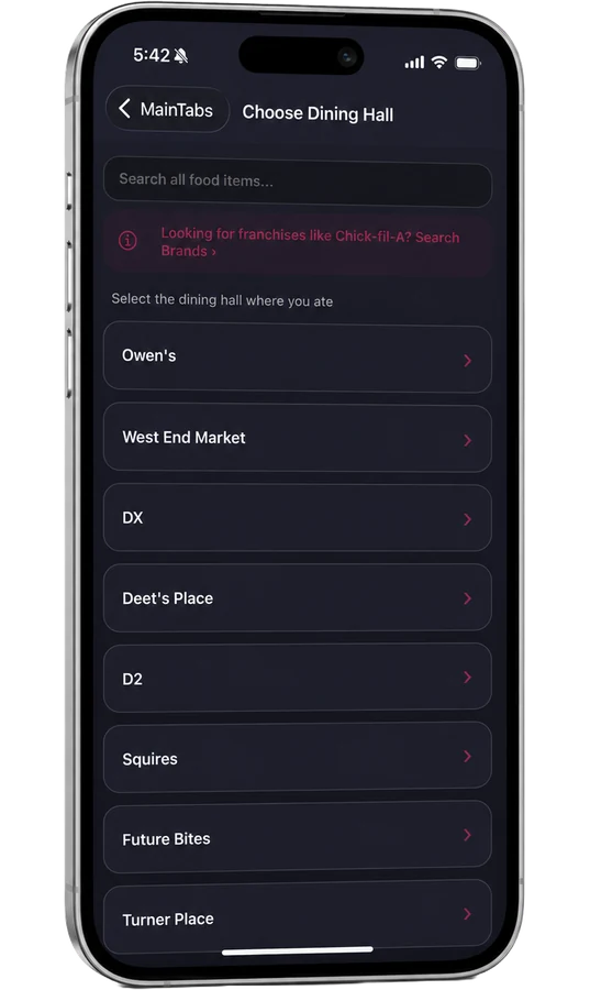 The dining hall picker, listing every hall on campus